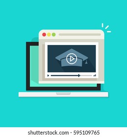 Online educational webinar vector illustration, flat style laptop with video player showing learning information, distance education, e-learning or study concept