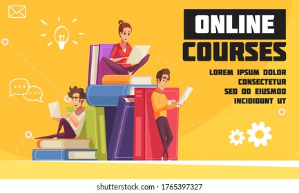 Online education-e learning-online courses-colorful cartoon characters-using laptop-books-chatting-happy learning kids.