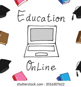 online education-hand drawn lettering with seamless pattern of books on white background. e-learning icon. virtual study for student. doodle art for poster, banner, badge, clipart, cover. stay home. 