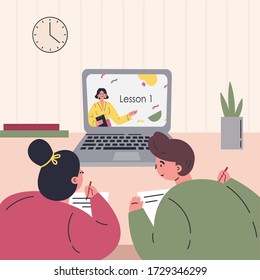 Online education.Kids learn lessons on laptop.Online courses and video lessons.Education during coronavirus quarantine.Student studying at home.Vector colorful illustration.Flat cartoon character