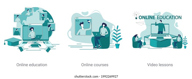 Online education,online courses, video lessons.A set of vector illustrations on a business theme.Abstract isometric illustrations in green.
