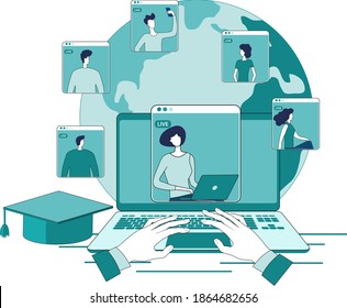 Online education.People connect with each other through video conferences to gain knowledge.The concept of distance learning,using a laptop when you are anywhere in the world.