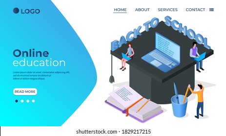 Online education.People get education using the Internet.The concept of remote education passing exams.The template of the landing page.Isometric vector illustration.