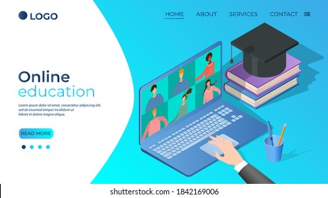 Online education.People get their education through an Internet connection.Web conference online exams.Isometric vector illustration.The template of the landing page.