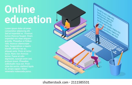 Online-Bildung.Menschen auf dem Hintergrund eines Computers erwerben Wissen mithilfe von digitalen Technologien.Ein Business-Style-Poster.Flat-Vektorgrafik.