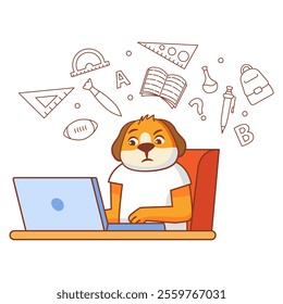 Online education,training and courses.Animal dog doing homework on laptop.Laptop connect to internet study e-learning.Cute little kid dog  learning.Line art vector illustration.Distance lessons.