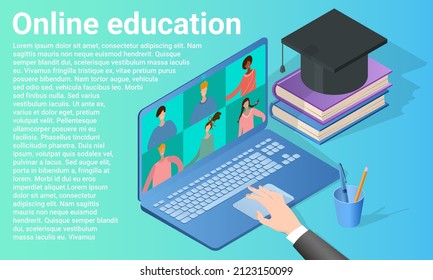 Online-Bildung.Mit einer Internetverbindung zum Erwerb von Wissen.Durchführung von Kursen mit einer Videokonferenz.Poster im Business-Stil.Flache Vektorgrafik.