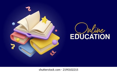 Online eduction banner on dark background. Vector 3d render books library concept. Abstract design template