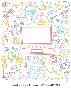 Educación electrónica en línea. Curso de estudio a distancia. Seminario e-learning. Pantalla de portátil. Línea de color del vector. Tamaño de trazo editable.