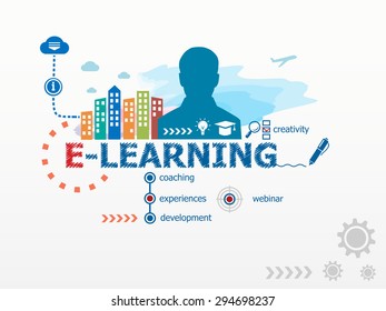 Online e-learning concept and business man. Flat design illustration for business, consulting, finance, management, career.