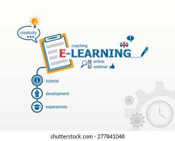 Online e-learning concept and notebook for efficiency, creativity, intelligence. Hand writing e-learning with blue marker.