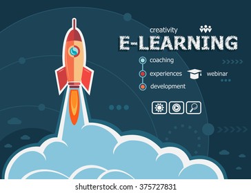 Online e-learning design and concept background with rocket. Online e-learning concepts for web banner and printed materials.