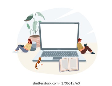 Online elearning education at home vector illustration. Learning design isolated on white background with laptop, people reading, plant, pet dog, open book and stack of their. Center empty space.