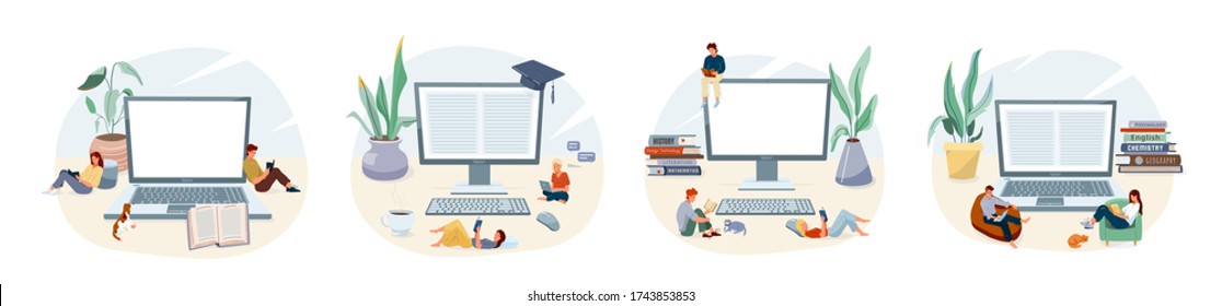 Online elearning education at home vector illustration. Learning set isolated on white background with laptop or computer, people reading books or netbook.