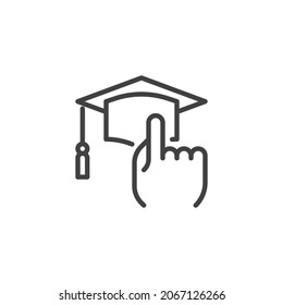 Online e-learning education line icon. linear style sign for mobile concept and web design. Graduate hat, hand touch outline vector icon. Symbol, logo illustration. Vector graphics