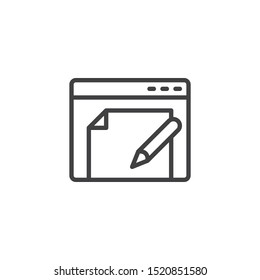 Online e-learning line icon. linear style sign for mobile concept and web design. Website with document and pen outline vector icon. Symbol, logo illustration. Vector graphics