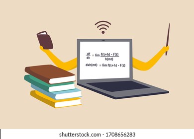 Online e-learning, teaching via internet course or study online at home in Coronavirus COVID-19 outbreak concept, computer laptop with math equation on display with hands as professor or teacher.