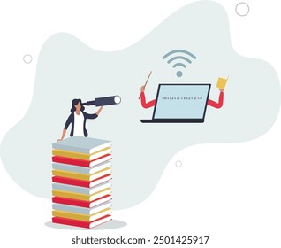 Online e-learning, teaching via internet course or study online at home in Coronavirus COVID-19 outbreak concept.flat design with people.