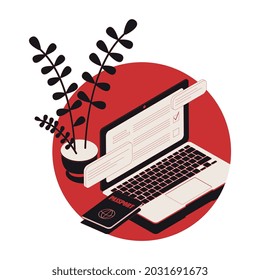 Composición electoral en línea con pasaporte y votación en ilustración vectorial isométrica por computadora