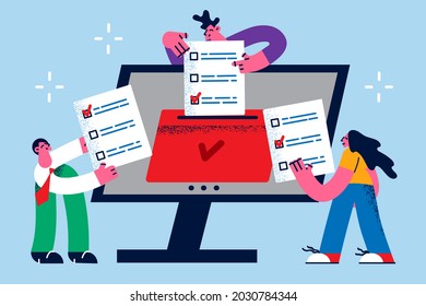 Online elections and making choice concept. Group of young people holding documents with made choice or election form and huge computer screen between them vector illustration 