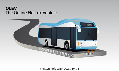 Online electric vehicle. Bus on a powered track with contactless induction charging. Vector illustration