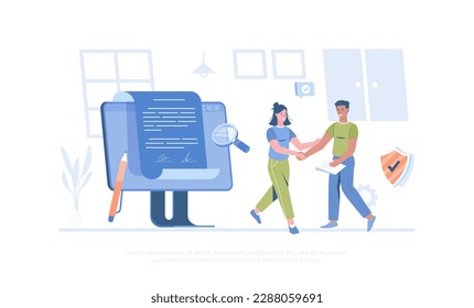 Online electronic agreement and digital signature. Business people signed an electronic contract. Cartoon modern flat vector illustration for banner, website design, landing page.	
