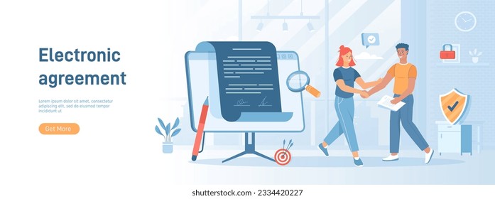 Online electronic agreement and digital signature. Business people signed an electronic contract. Flat concept great for social media promotional material. Website banner on white background.