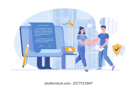 Online electronic agreement and digital signature. Business people signed an electronic contract. Vector illustration with characters in flat design for web banner.