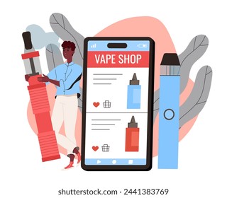 Online electronic cigarette shop. Man with ecigarette and vaporizer. Gadget and device for smoking with steam. Unhealthy lifestyle. Cartoon flat vector illustration isolated on white background