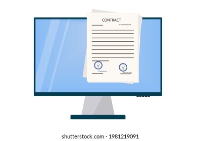 Online electronic contract. Digital form of agreement on computer screen. Approved paper document with signature and seal. The concept of rendering a deal or project. Electronic signature. Vector 