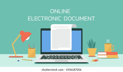 online electronic document concept, paper sheet or journal on laptop computer, flat design vector illustration