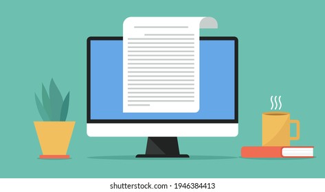 Online-Konzept für elektronische Dokumente, Papierblatt oder Journal auf dem Computer, flache Vektordesign-Illustration
