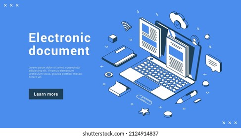 Online electronic document laptop landing page isometric vector illustration. Computer screen digital internet office, remotely deal, contract, agreement, web paperwork. Cyberspace documentation form