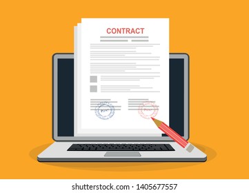 Online Electronic Documents On Laptop Vector Illustration, Flat Cartoon Paper Document With Signature On Computer Screen, Concept Of Digital Or Internet Office, On-line Deal, Web Paperwork 