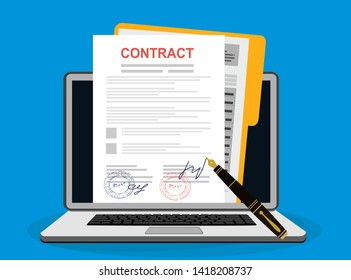 Online electronic documents on laptop vector illustration, flat cartoon paper document with signature on computer screen, concept of digital or internet office, on-line deal, web paperwork