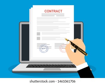 Online electronic documents on laptop vector illustration, flat cartoon paper document with signature on computer screen, concept of digital or internet office, on-line deal, web paperwork