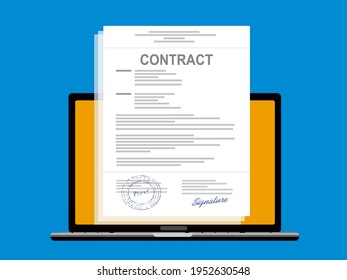 Online electronic documents on laptop vector illustration, flat cartoon paper document with signature on computer screen, concept of digital or internet office, on-line deal, web paperwork 