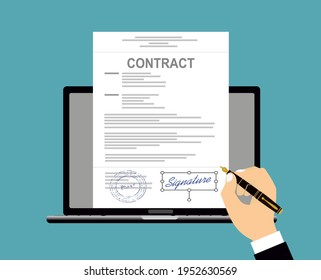 Online electronic documents on laptop vector illustration, flat cartoon paper document with signature on computer screen, concept of digital or internet office, on-line deal, web paperwork