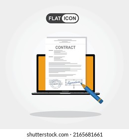 Online electronic documents on laptop vector illustration, flat cartoon paper document with signature on computer screen, concept of digital or internet office, on-line deal, web paperwork 