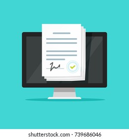 Online electronic documents on laptop vector illustration, flat cartoon paper document with signature on computer screen, concept of digital or internet office, on-line deal, web paperwork