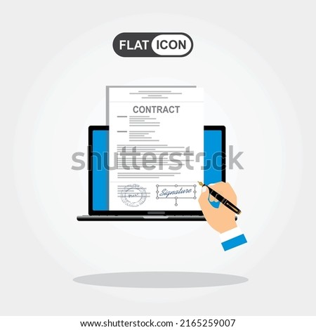 Online electronic documents on laptop vector illustration, flat cartoon paper document with signature on computer screen, concept of digital or internet office, on-line deal, web paperwork