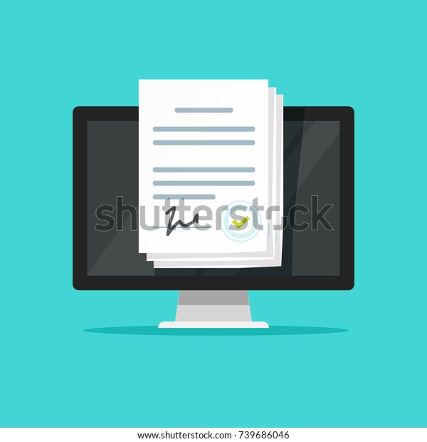 ノートパソコンのベクター画像イラストにオンライン電子ドキュメント コンピューター画面 に署名を付けた平らな漫画の紙のドキュメント デジタルオフィスやインターネットオフィスのコンセプト オンライン取引 ウェブペーパーワーク のベクター画像 素材 ロイヤリティ