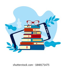 Online electronic library in smartphone. Stack of books with glasses next to the phone. Education concept. Vector flat illustration.