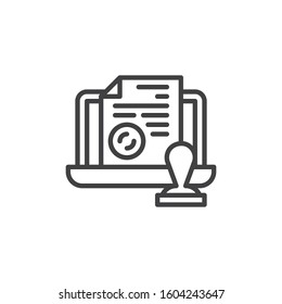 Online electronic notarial stamp line icon. linear style sign for mobile concept and web design. Laptop with legal document file and stamp outline vector icon. Symbol, logo illustration. 