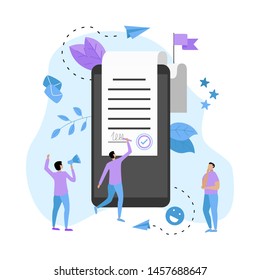 Online electronic smart contract document, paper document, signature on device screen. Vector illustration. Business concept	