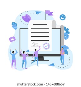 Online electronic smart contract document, paper document, signature on device screen. Vector illustration. Business concept	