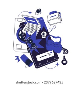 Online electronic store concept. Internet shopping by eCommerce app, gadgets digital marketplace, device market. Phone, toaster, laptop flying. Monochrome flat isolated vector illustration on white
