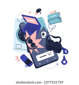 Online electronic store, market concept. Shopping in internet, ecommerce app, digital marketplace. Phone screen levitate, vr, laptop, gadgets, devices fly. Flat isolated vector illustration on white