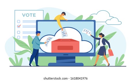 Online or electronic voting. Voters throwing forms into ballot box on monitor flat vector illustration. Election campaign, internet technology concept for banner, website design or landing web page