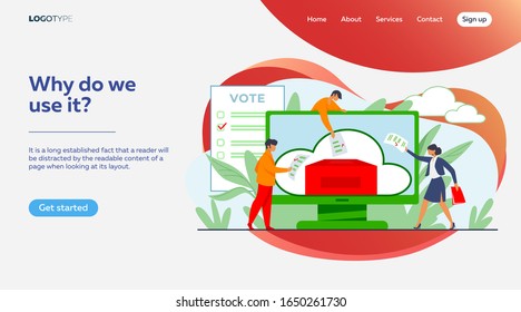 Votación en línea o electrónica. Votantes lanzando formularios a las urnas en un monitor de ilustración vectorial plana. Campaña electoral, concepto de tecnología de internet para banner, diseño de sitio web o página web de inicio